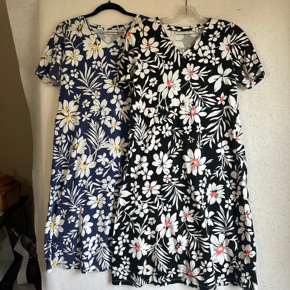 Denim & Co Set of 2 Floral V-Neck Cotton T-Shirt Dresses Navy Black Small